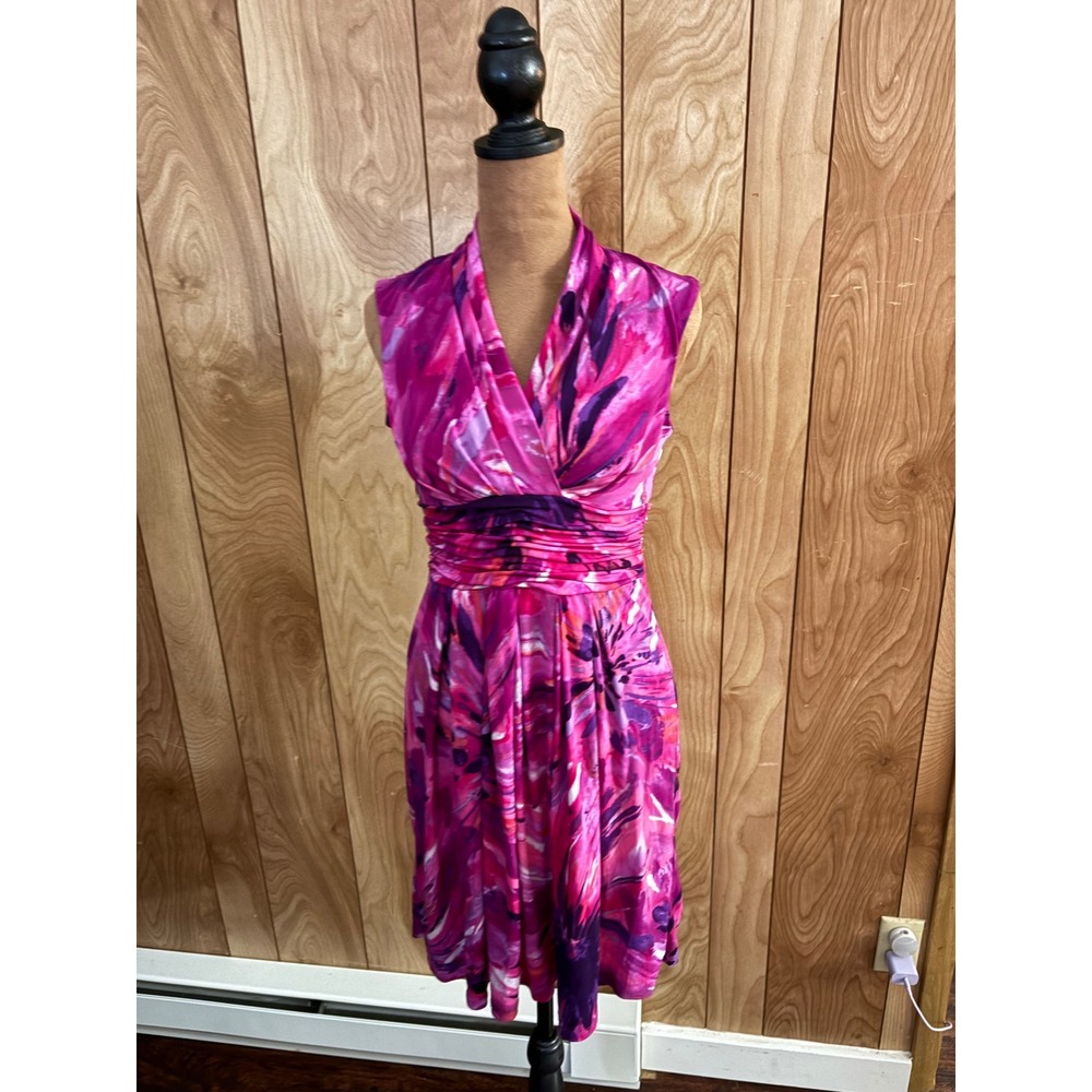Studio I Petite Pink Purple‎ Abstract Floral Ruched Empire Waist Dress 4P